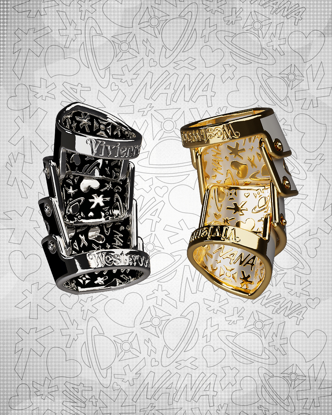 나나의 손가락을 감싸는 거대한 실버 아머 링은 비비안 웨스트우드의 대표작